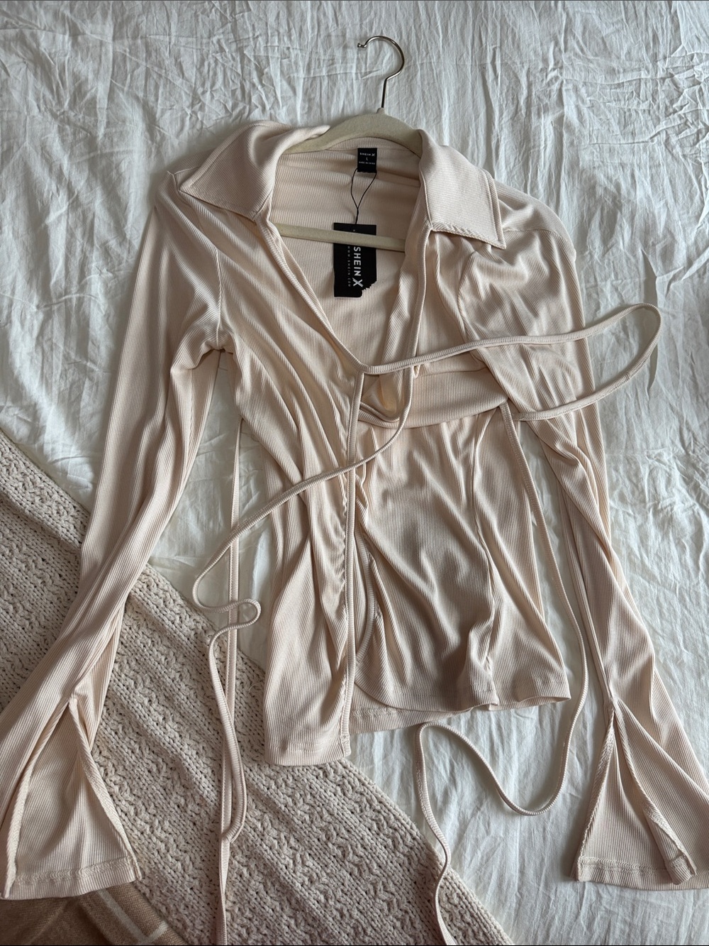 Cream Ribbed Tie-Front Long Sleeve Top